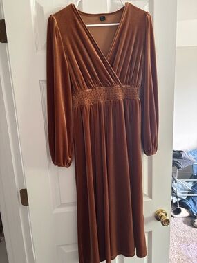 SHEIN Rust Velvet Midi Dress with Smocked Waist